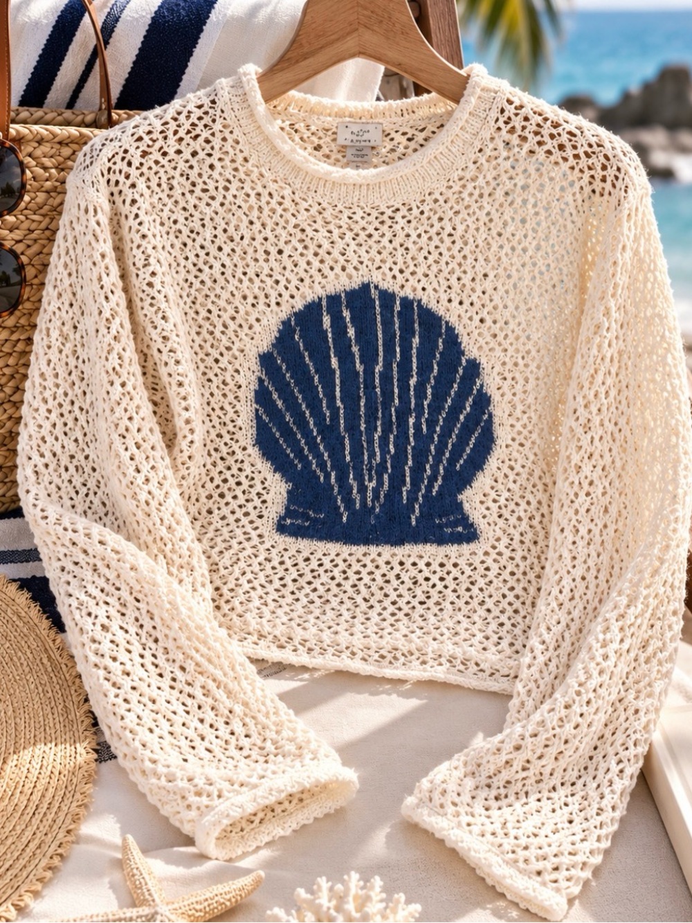 Women’s Cream Open-Knit Shell Pullover Sweater by